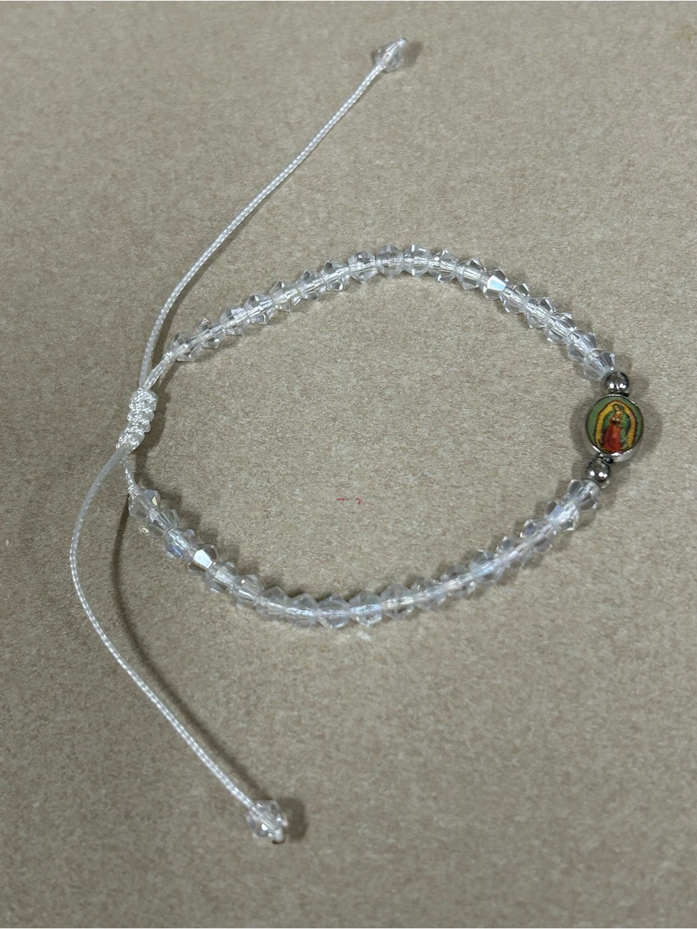 Clear Crystal Bead Adjustable Bracelet with Religious Medal